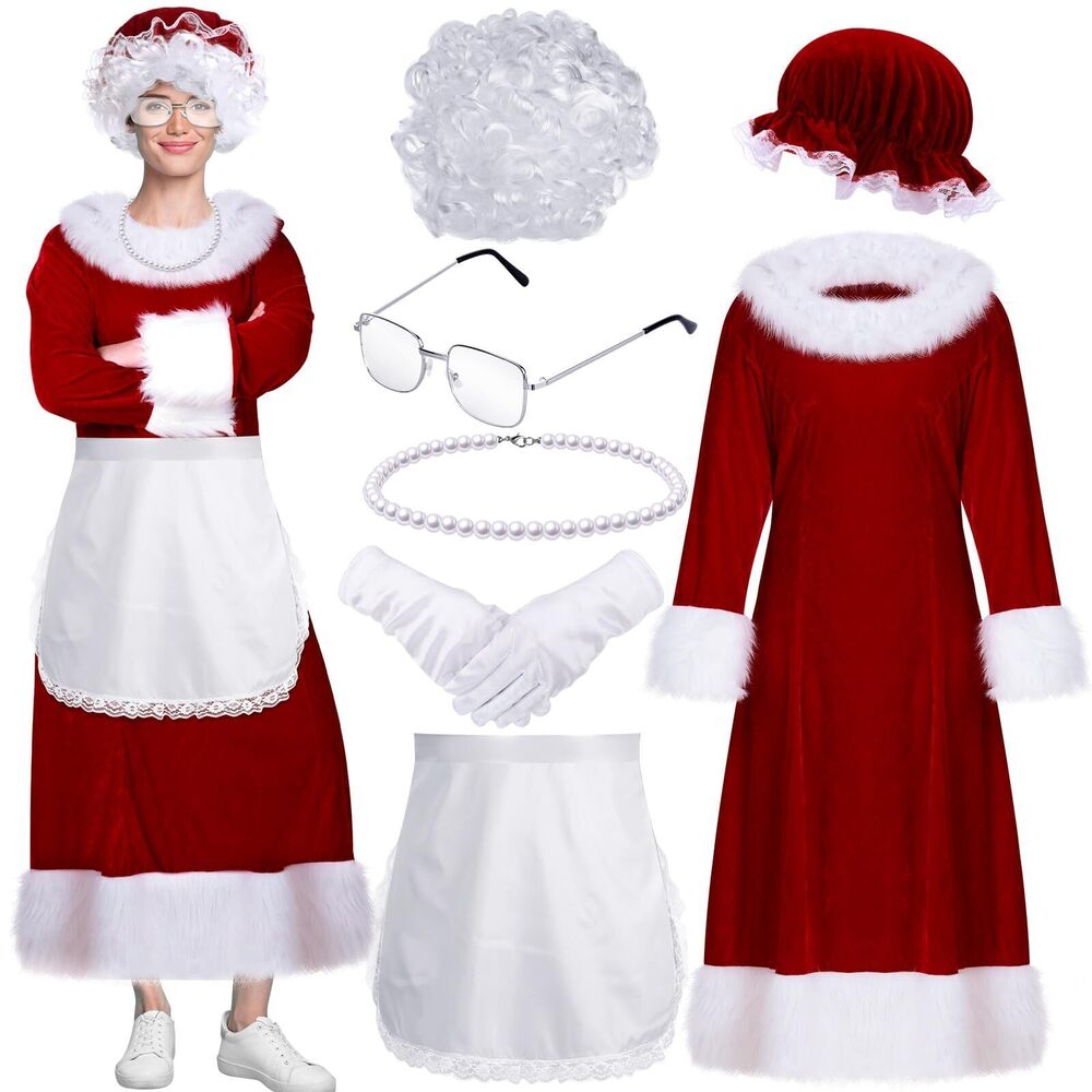 9024 7 Pcs Mrs. Claus Costume Santa Claus Costume Thick Velvet Santa Dress